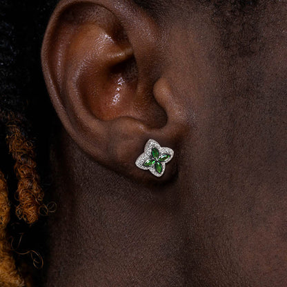 Brincos TS Iced Out Quatro Folhas Clover Emerald Studs