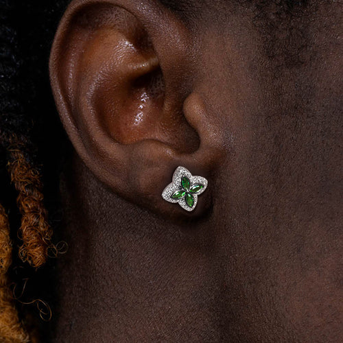 Brincos TS Iced Out Quatro Folhas Clover Emerald Studs