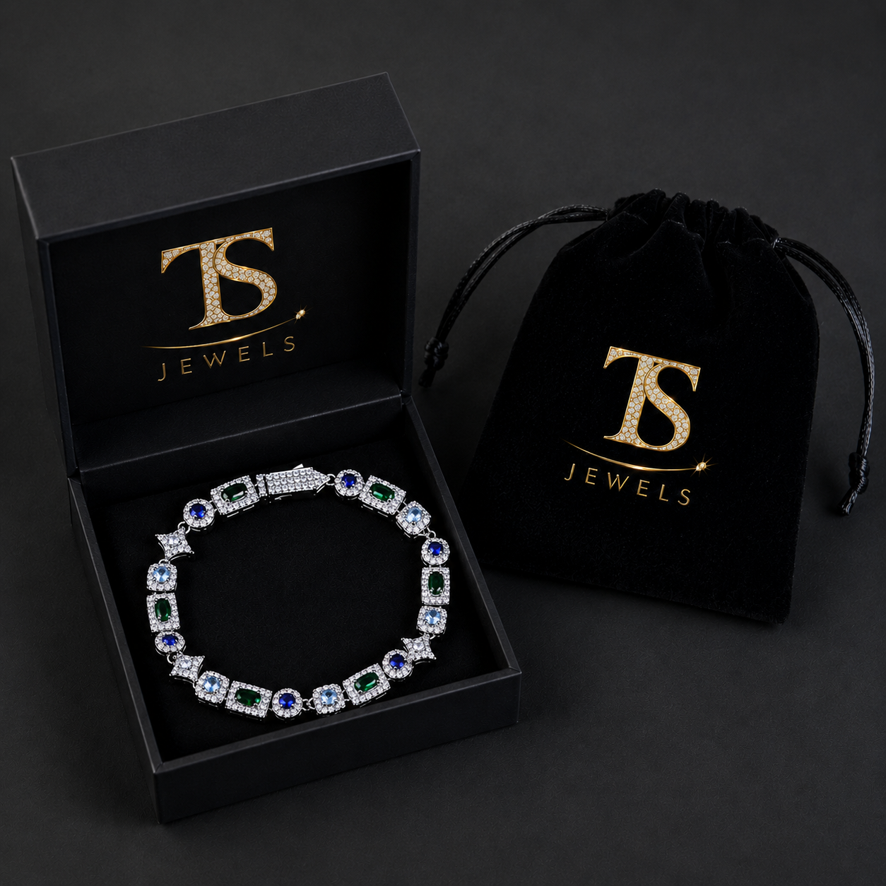 Pulseira Tênis Retangular Verde e Azul Gelado 6mm Banhada a Ouro 18K e Prata Premium | Luxo Cravejado