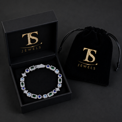 Pulseira Tênis Retangular Verde e Azul Gelado 6mm Banhada a Ouro 18K e Prata Premium | Luxo Cravejado