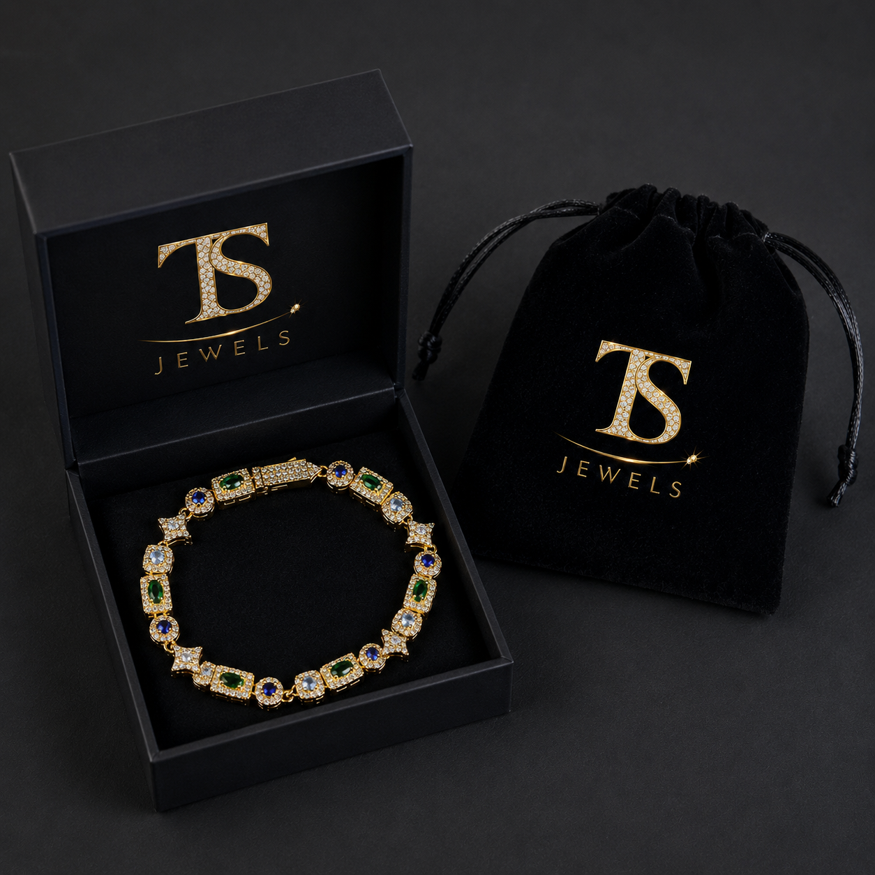 Pulseira Tênis Retangular Verde e Azul Gelado 6mm Banhada a Ouro 18K e Prata Premium | Luxo Cravejado