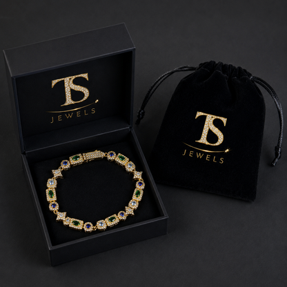 Pulseira Tênis Retangular Verde e Azul Gelado 6mm Banhada a Ouro 18K e Prata Premium | Luxo Cravejado
