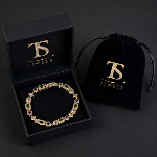 Pulseira Tênis Retangular Verde e Azul Gelado 6mm Banhada a Ouro 18K e Prata Premium | Luxo Cravejado