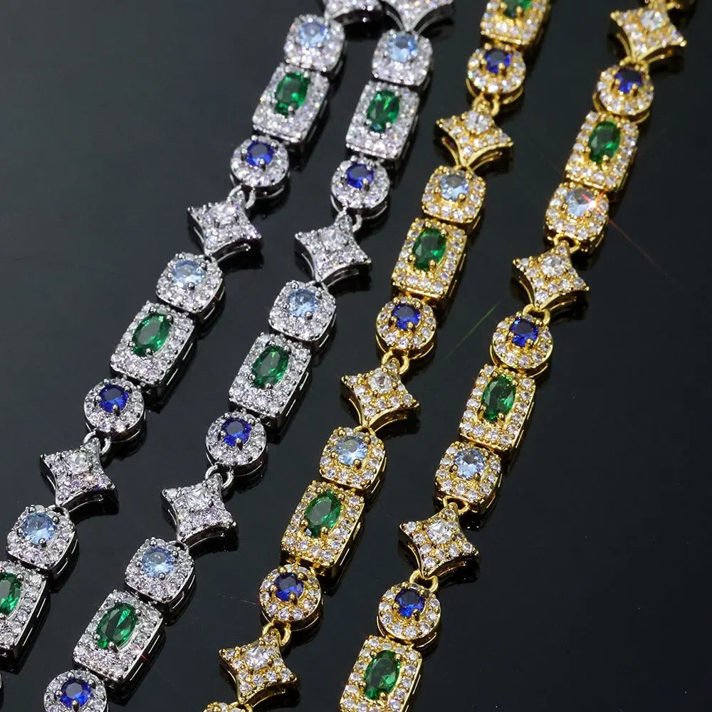 Pulseira Tênis Retangular Verde e Azul Gelado 6mm Banhada a Ouro 18K e Prata Premium | Luxo Cravejado