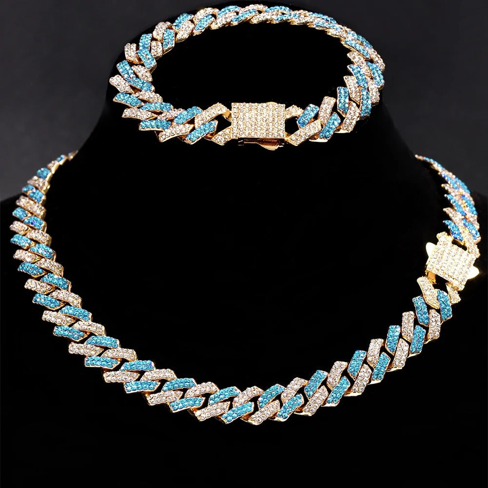 Corrente + Pulseira Cuban Link 14MM Azul Bling Premium