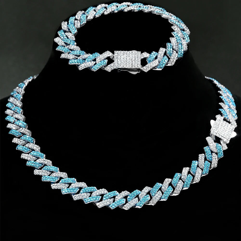 Corrente + Pulseira Cuban Link 14MM Azul Bling Premium