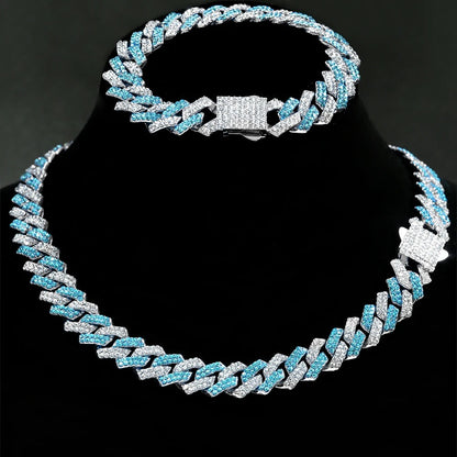 Corrente + Pulseira Cuban Link 14MM Azul Bling Premium